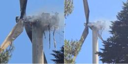 Collage of a wind turbine on fire.